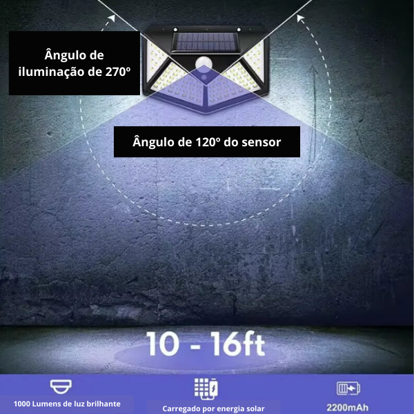 100 LED Lâmpada de parede solar 4 lados luminosa com sensor de movimento, à prova d'água  e carregamento solar