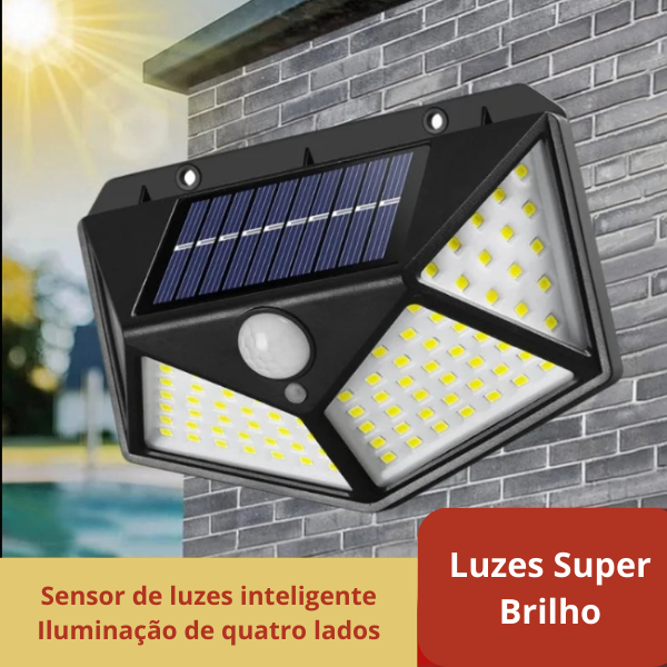 100 LED Lâmpada de parede solar 4 lados luminosa com sensor de movimento, à prova d'água  e carregamento solar