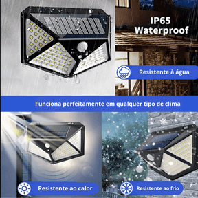 100 LED Lâmpada de parede solar 4 lados luminosa com sensor de movimento, à prova d'água  e carregamento solar